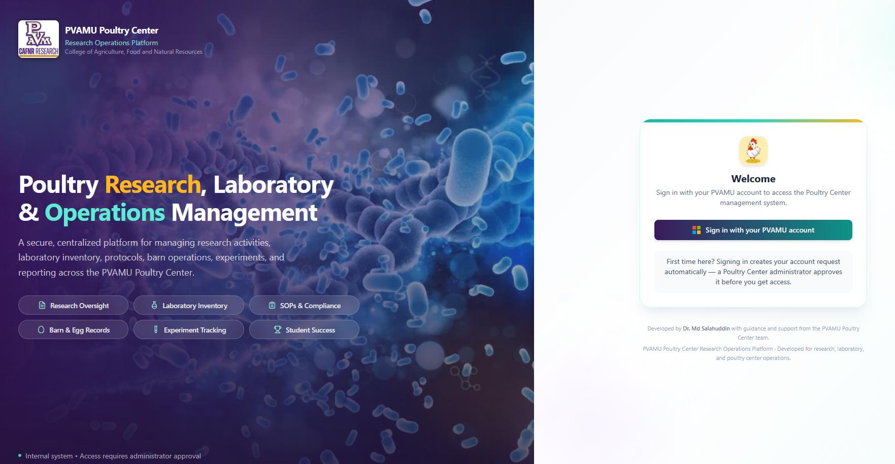 PVAMU Poultry Center Research Platform interface preview