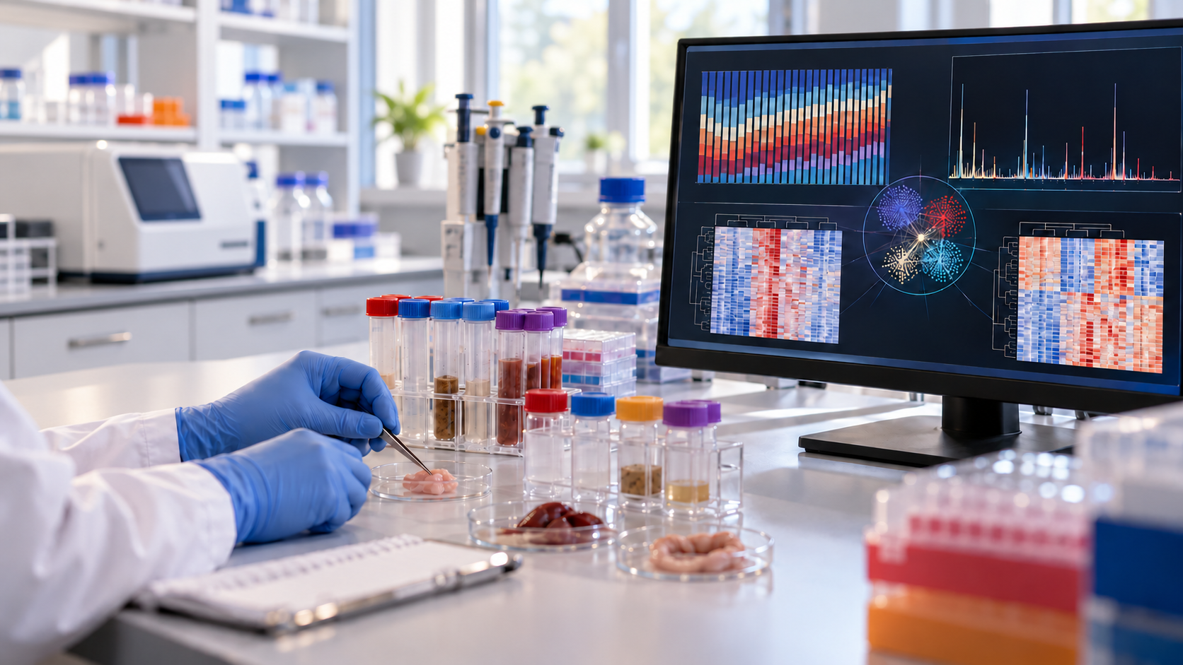 Multi-omics laboratory workflow with molecular datasets and omics heatmaps
